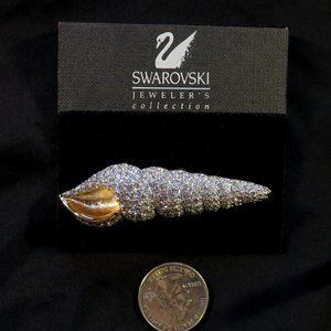 Vintage Signed Swarovski Gold tone pave crystal seashell brooch